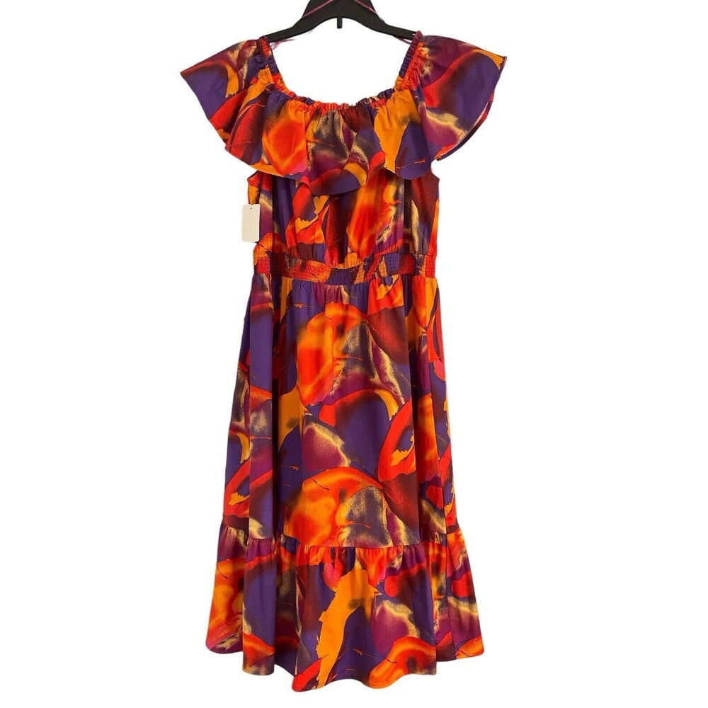 New NINE WEST Tropical Boho print Smocked Waist Off Shoulder Midi Dress Size XL